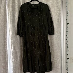 Madewell Olive Green Tiered Midi Dress with Tiny Dot Floral Print